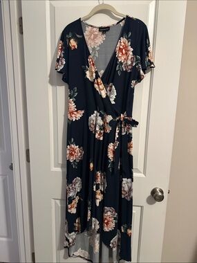 Floral Wrap Maxi Dress in Navy with Peach and Cream Blooms